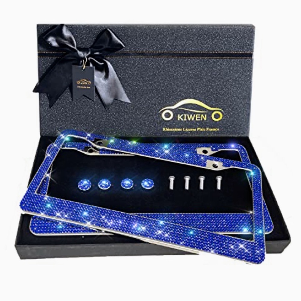 Bling Rhinestone License‎ Plate Stainless Steel Frames Ribbon Gift Box,2 Pack
